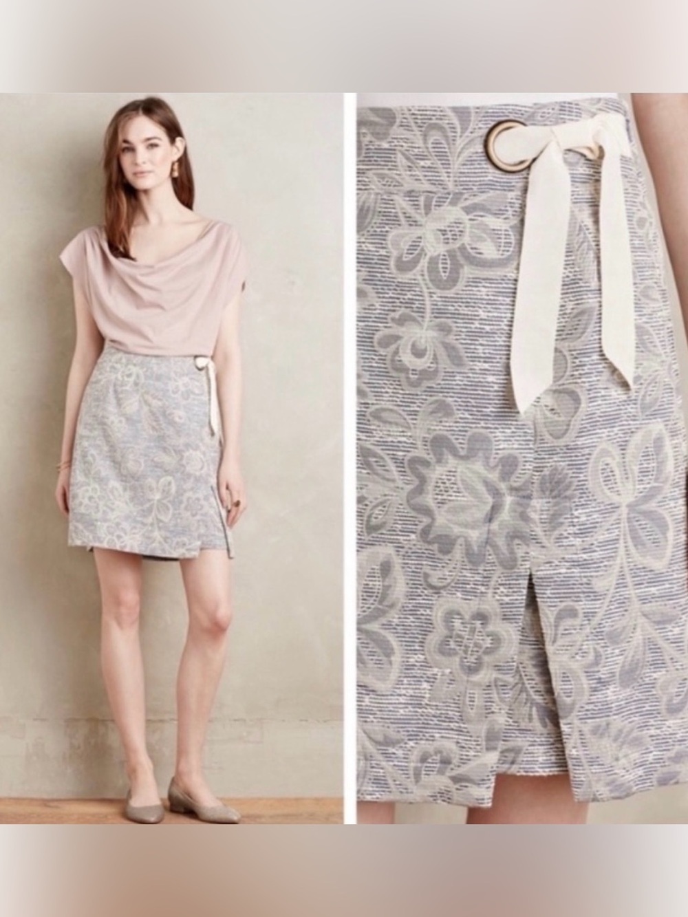Maeve Anthropologie Floral Embroidered Light Gray/blue A-Line Skirt women’s 00P